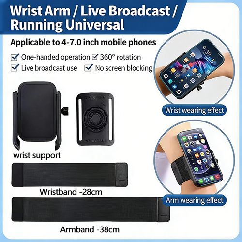 Wristband Phone Holder, No Screen Blocking, 360° Rotating Wrist Phone Mount,  Quick Release, for Android, iPhone , Fits 4–7.0" Phones