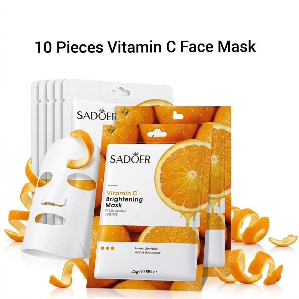 SADOER 10 Pieces Vitamin C Sheet Face Masks-Moisturizing, Anti-Aging & Skin Firming, Hydrating & Brightening Sheet Mask - Cruelty-Free Skincare for All