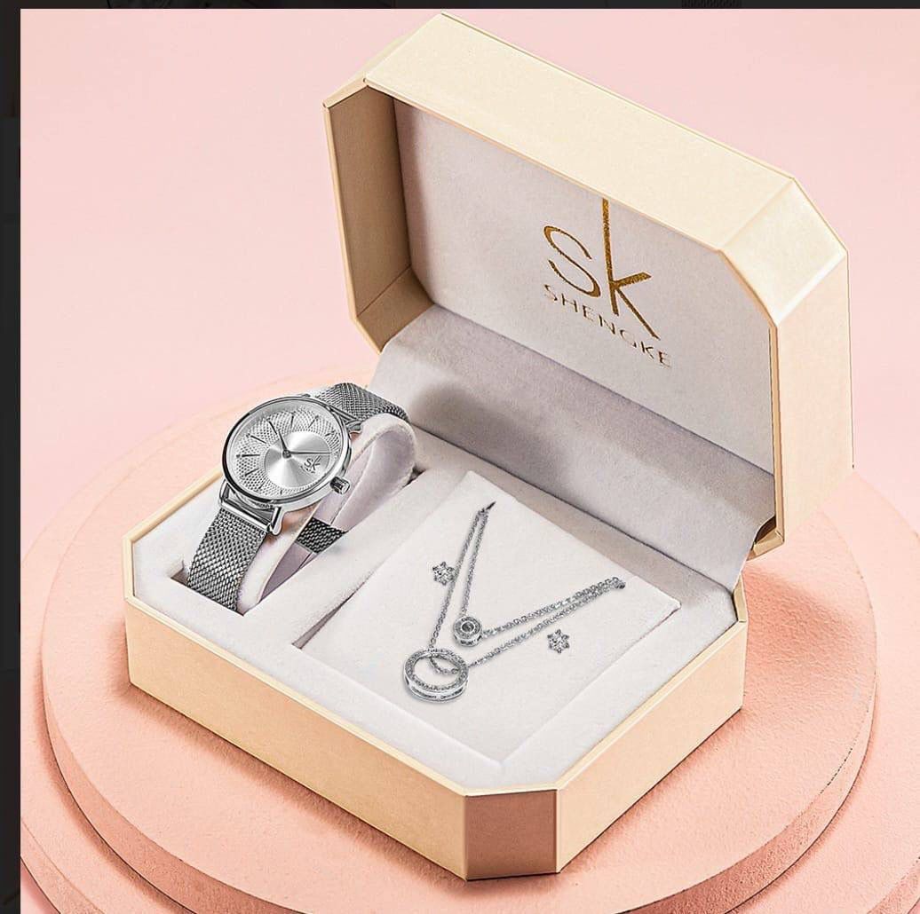 Stylish & Complete! Watch, Necklace & Earrings Set — Ready to Gift