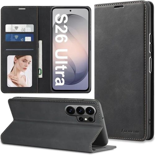 Caseme Samsung Galaxy S26 ultra, s26 , s26plus flip Case PU Leather Wallet Case Card Holder Shockproof Flip Cover - open camera, black