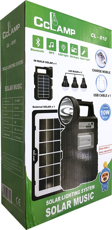 CC Lamp CL810 Solar Lighting System – Dual Solar Panel Kit with Bluetooth, MP3 Player, FM Radio, LED Main Lamp, 3 Bulbs & Sport Search Light