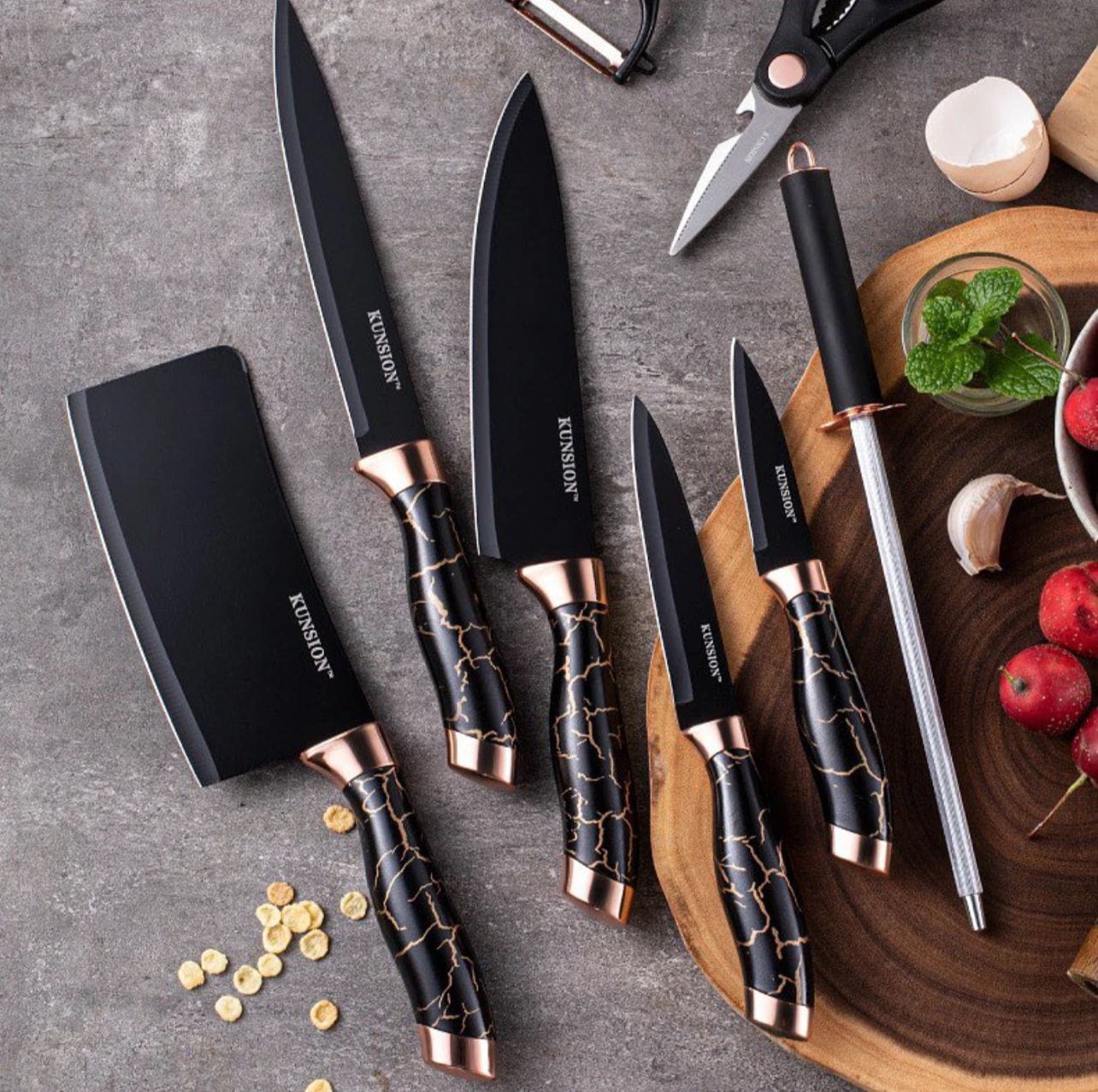 9PCS Kitchen Knife Set  Germany Stainless Steel – Chef Knife, Cleaver, Scissors, Sharpening Rod – Professional Kitchen Knife Set for Home & Restaurant