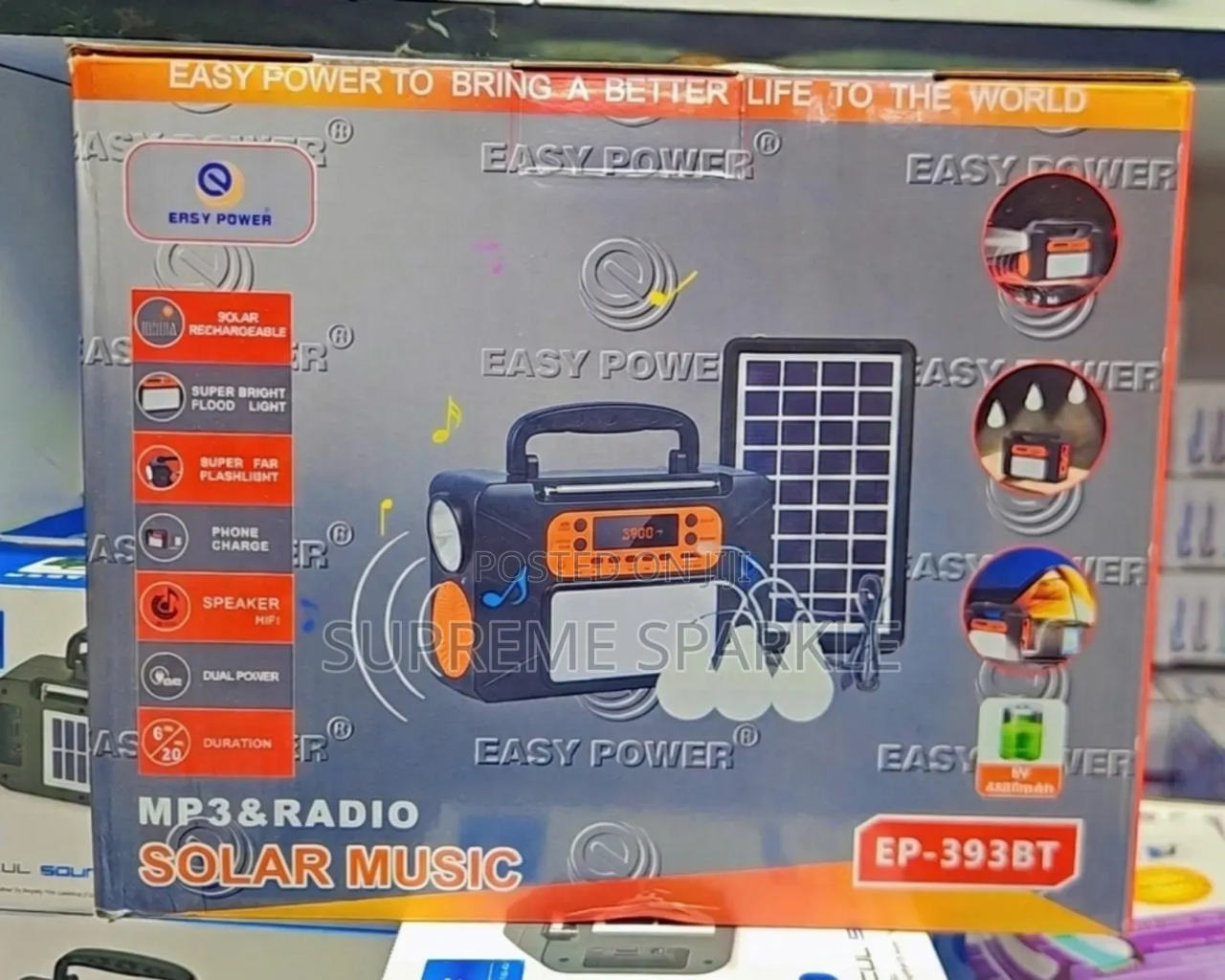 Easy Power EP-393BT Solar Lighting System with MP3 Player, FM Radio, Bluetooth Speaker, 3 LED Bulbs & USB Phone Charging