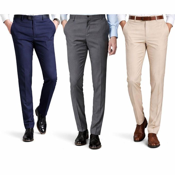 Official Turkey Trouser Pant - 3 Pcs Navy Blue, Dark Grey and Beige – Premium Cotton Blend Slim Fit Formal Pants with Belt Loops & Side Pockets for Office & Business Wear