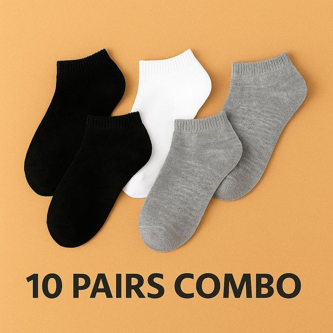 10 Pairs Ankle-Length Socks – Cotton Comfort Combo – Black, White & Grey – Breathable Casual Crew Socks for Everyday Wear