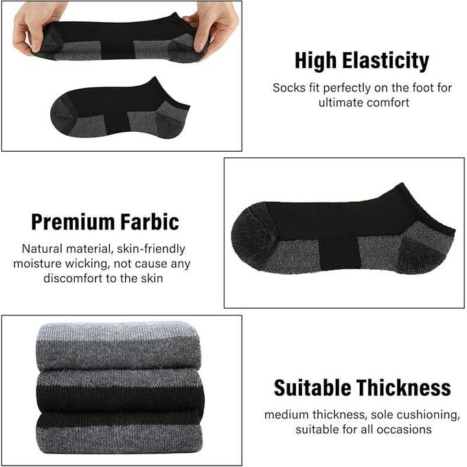 KnMn 6 Pack Black Mens Cushioned Ankle Socks – Low Cut Breathable Casual Socks with Arch Support, Reinforced Heel & Toe (US Shoe Size 6-11)