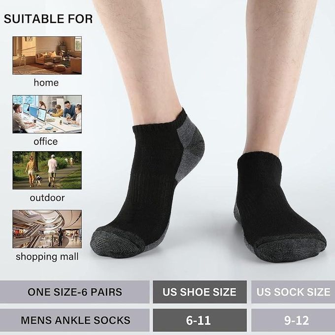 KnMn 6 Pack Black Mens Cushioned Ankle Socks – Low Cut Breathable Casual Socks with Arch Support, Reinforced Heel & Toe (US Shoe Size 6-11)