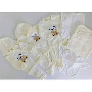 Cotton Newborn Baby Receiving Set 8pc – Assorted Prints (Cartoon Decoration) – 100% Cotton Layette Bundle with Bodysuits, Pants, Hat & Mittens for 0-12 Months