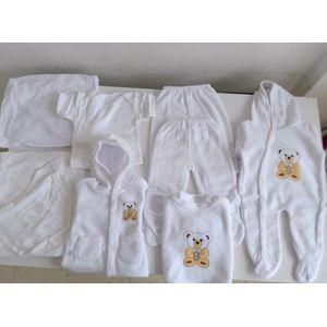 Cotton Newborn Baby Receiving Set 8pc – Assorted Prints (Cartoon Decoration) – 100% Cotton Layette Bundle with Bodysuits, Pants, Hat & Mittens for 0-12 Months