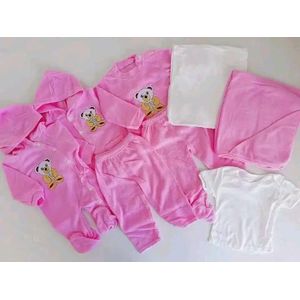 Cotton Newborn Baby Receiving Set 8pc – Assorted Prints (Cartoon Decoration) – 100% Cotton Layette Bundle with Bodysuits, Pants, Hat & Mittens for 0-12 Months