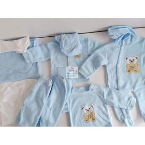 Cotton Newborn Baby Receiving Set 8pc – Assorted Prints (Cartoon Decoration) – 100% Cotton Layette Bundle with Bodysuits, Pants, Hat & Mittens for 0-12 Months