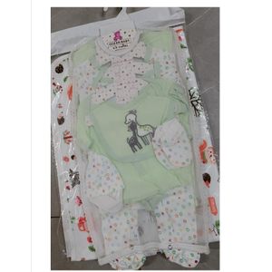 Cotton Newborn Baby Receiving Set 8pc – Assorted Prints (Cartoon Decoration) – 100% Cotton Layette Bundle with Bodysuits, Pants, Hat & Mittens for 0-12 Months