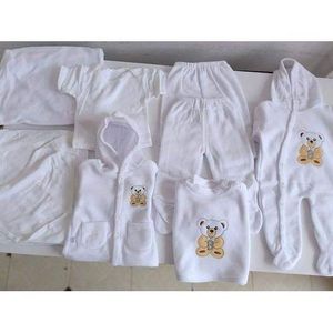 Cotton Newborn Baby Receiving Set 8pc – Assorted Prints (Cartoon Decoration) – 100% Cotton Layette Bundle with Bodysuits, Pants, Hat & Mittens for 0-12 Months