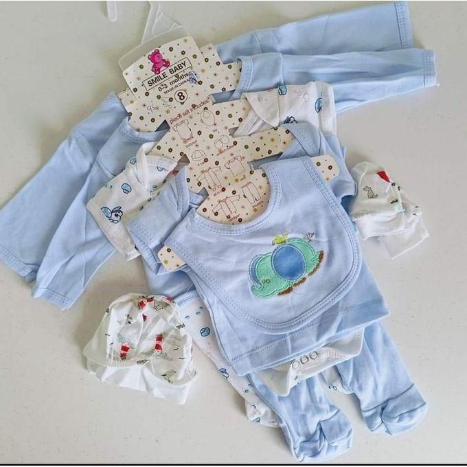 Cotton Newborn Baby Receiving Set 8pc – Assorted Prints (Cartoon Decoration) – 100% Cotton Layette Bundle with Bodysuits, Pants, Hat & Mittens for 0-12 Months