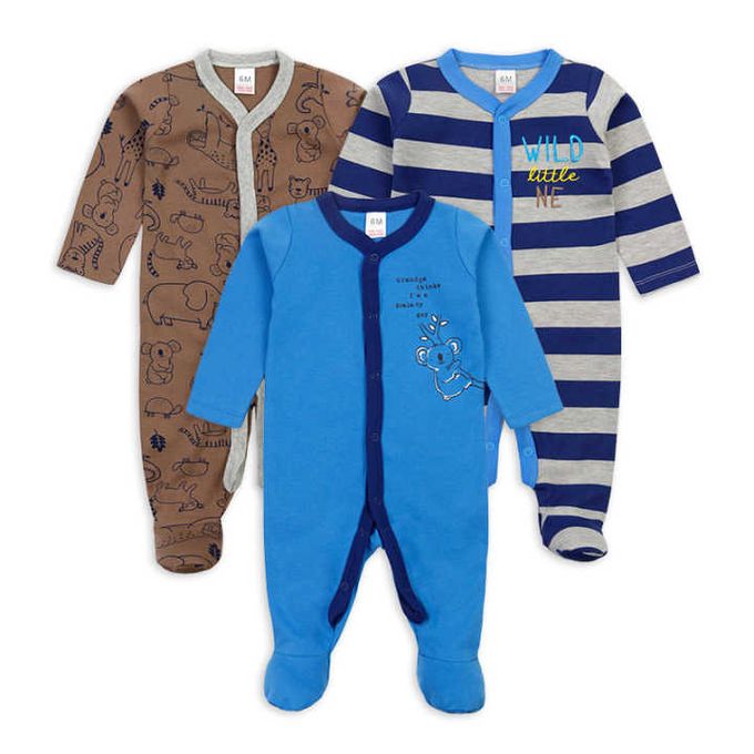 3-Piece Quality Cotton Baby Boy Romper & Sleepsuit Set – Soft, Breathable, Multicolor Assorted Prints for Newborns & Infants