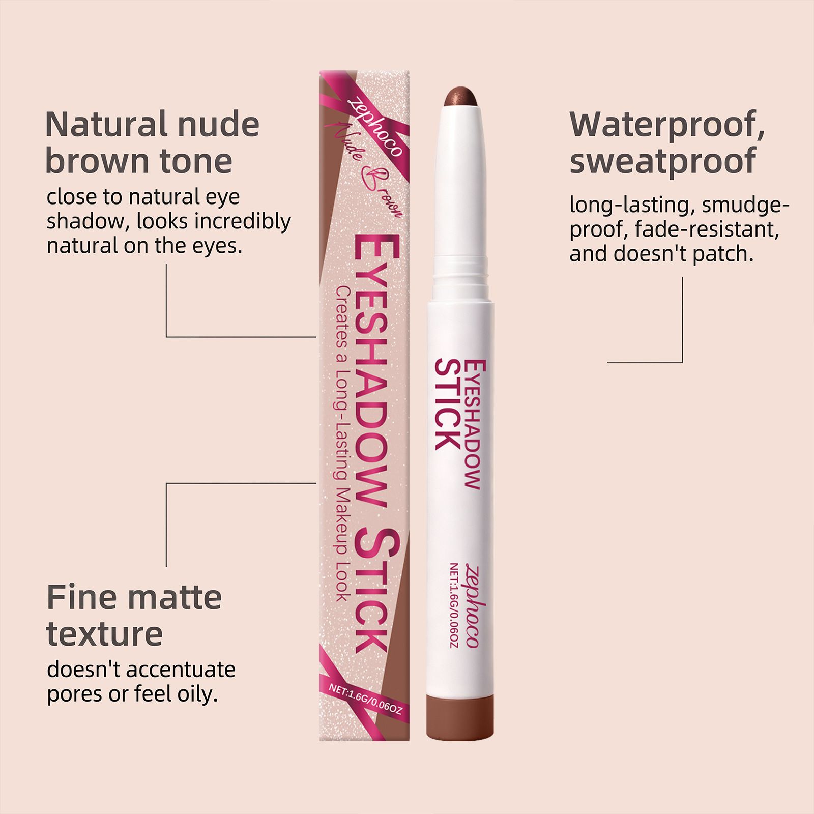 Zephoco nude brown eye shadow pen silky smooth soft fog texture is natural, easy to smudge, easy to outline daily commuting makeup view 4