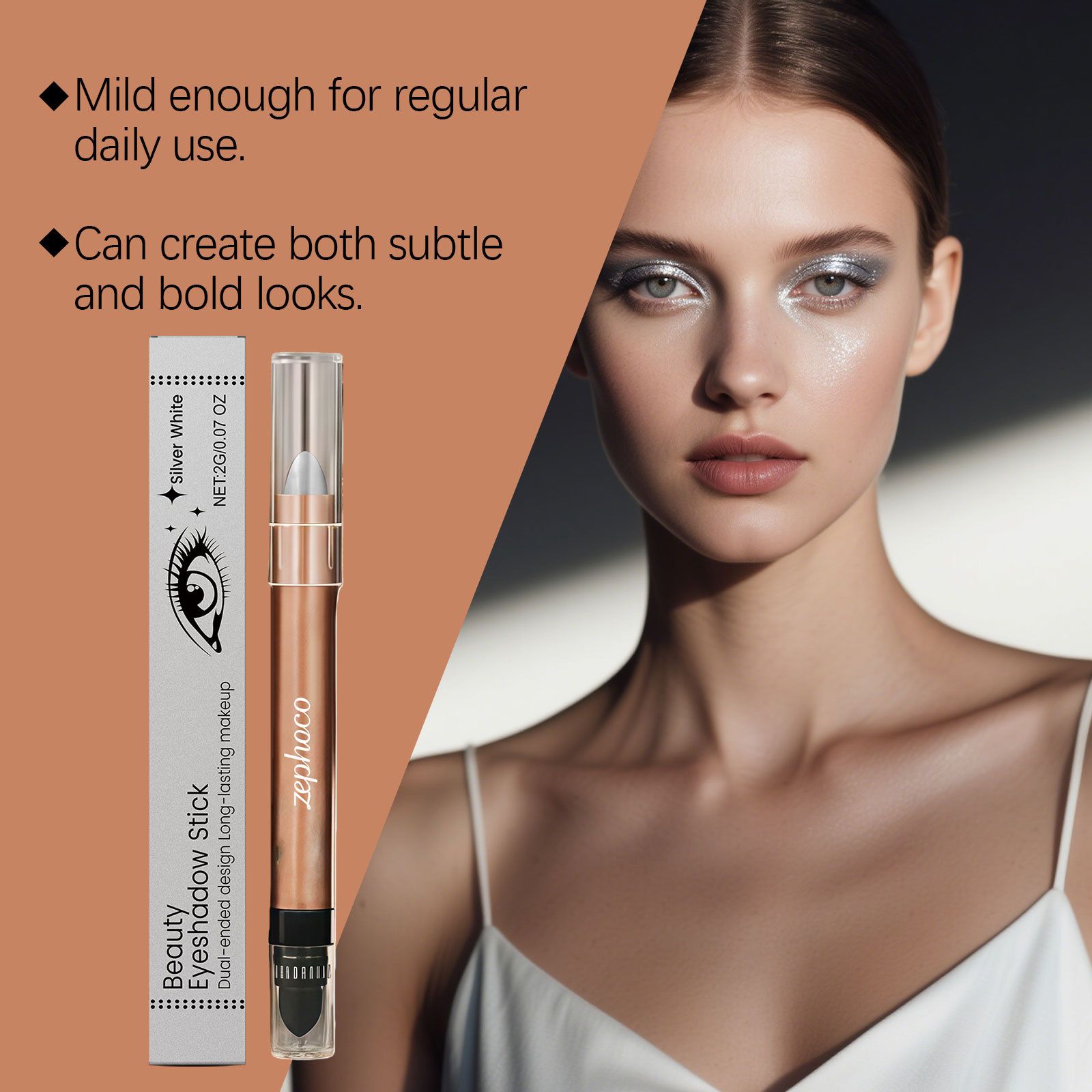 Zephoco silver white star diamond double head eye shadow stick natural color fine flash eye shadow daily makeup easy to control view 2