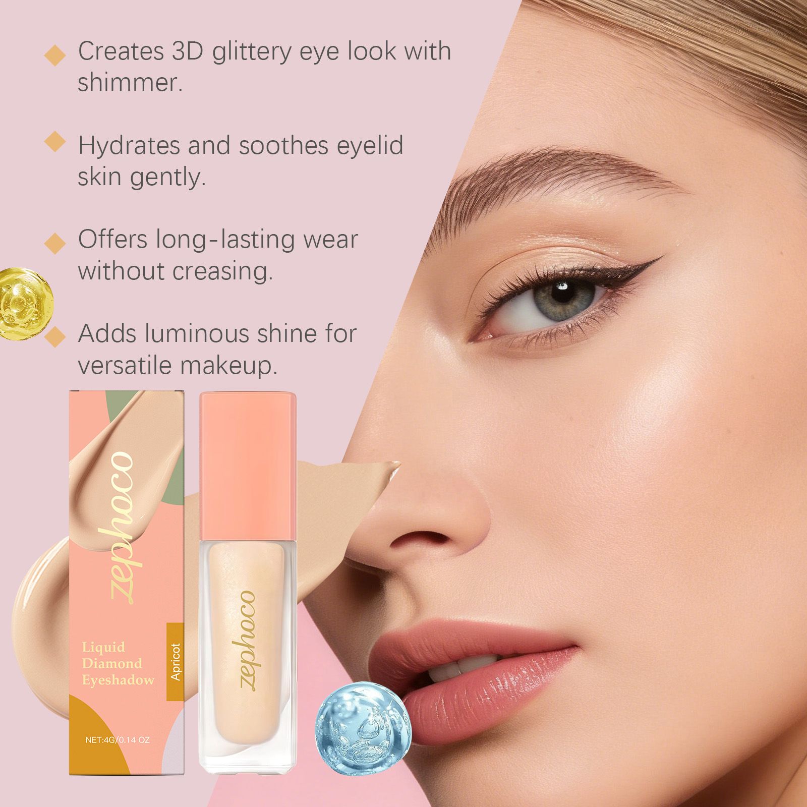 Zephoco Diamond Glitter eye shadow (Apricot) Natural Pearl Light Glitter Daily Party Party Beautiful Eye Makeup view 2