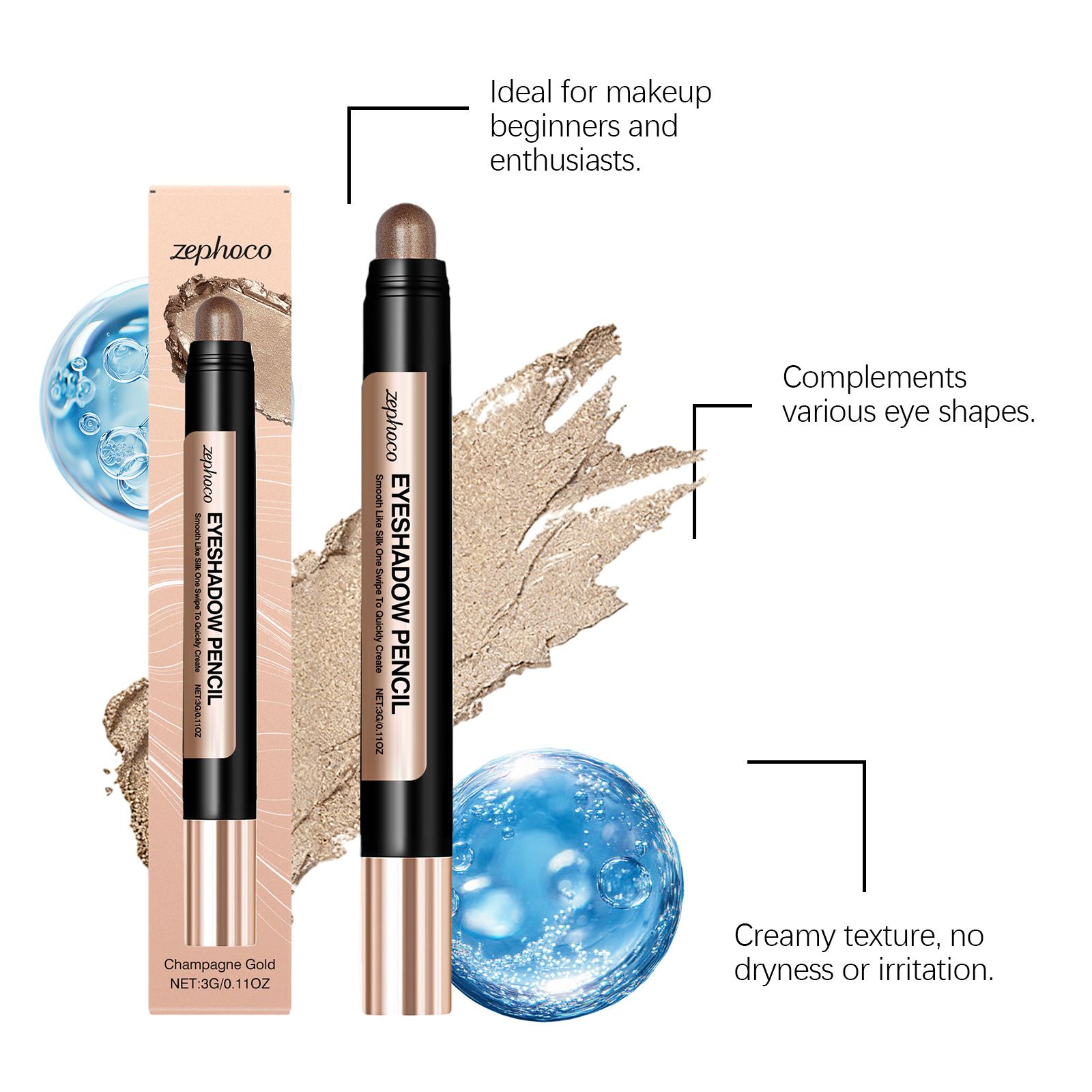 Zephoco smooth pearlescent eye shadow pen (champagne gold) pearlescent fine glitter beautiful makeup natural color view 4