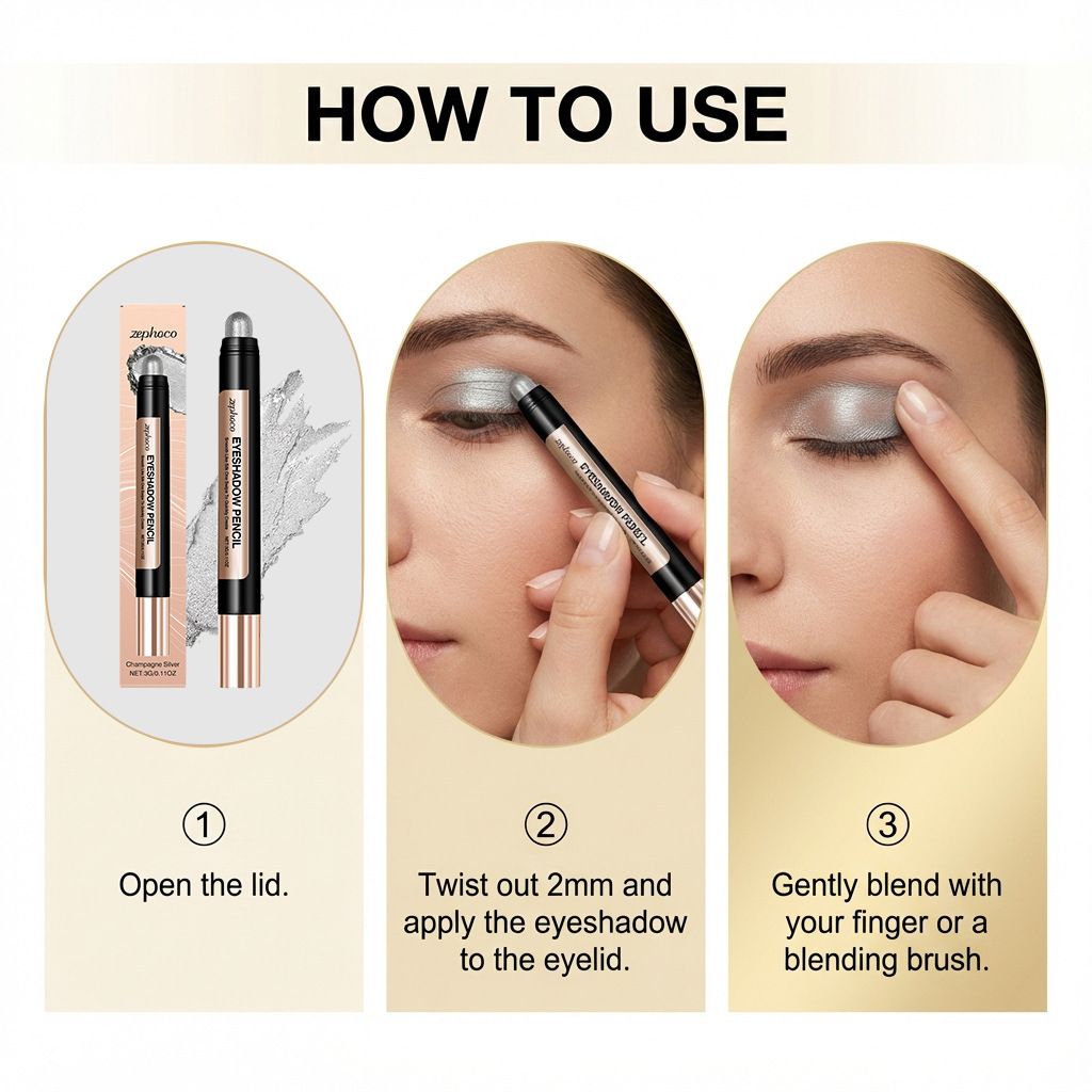 Zephoco smooth pearlescent eye shadow pen (champagne silver) natural color delicate shiny silky novice friendly view 6