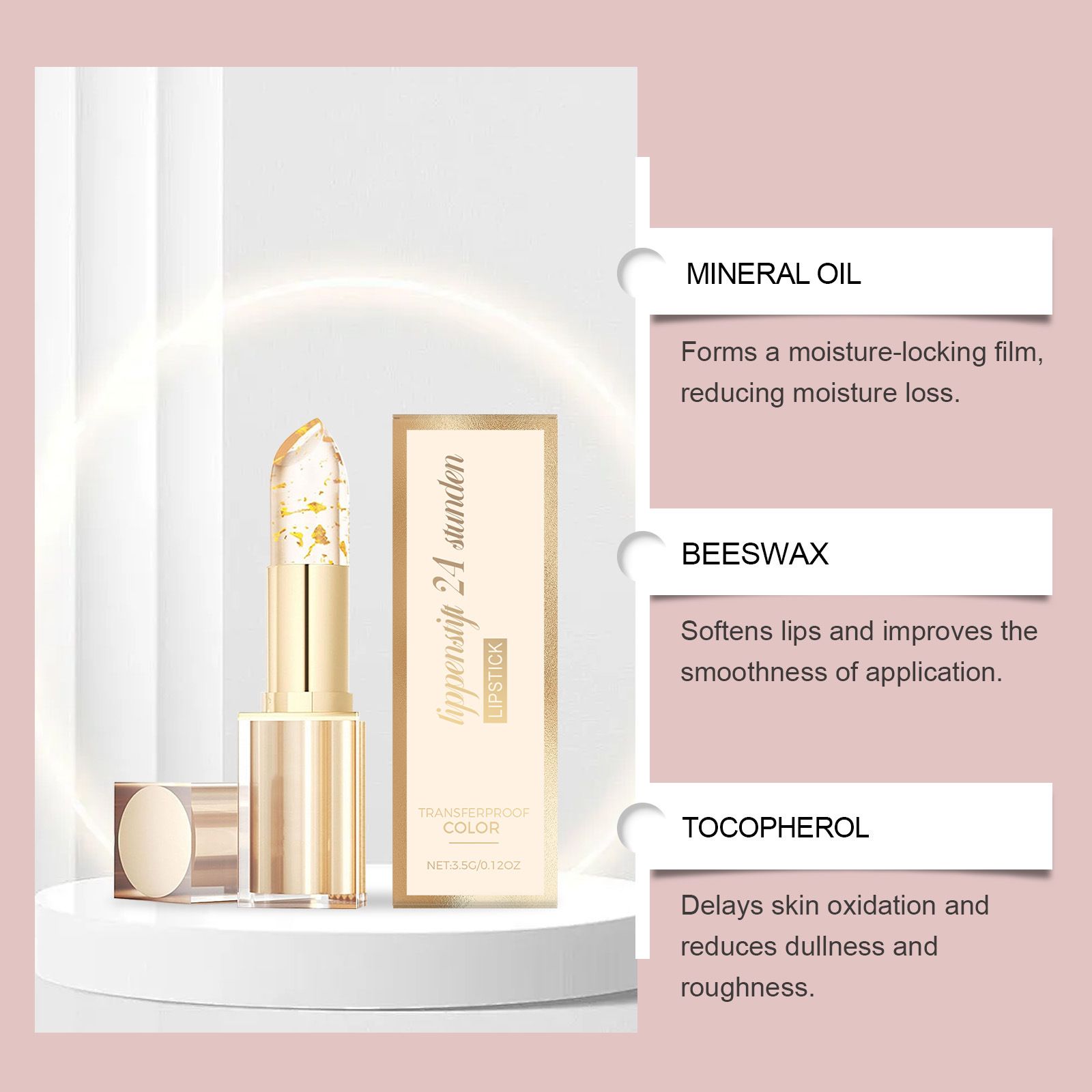 Gold foil thermo-changing moisturizing lipstick for daily lip care, makes lip skin smooth and pink, lightweight, non-greasy, and does not stick to cups.