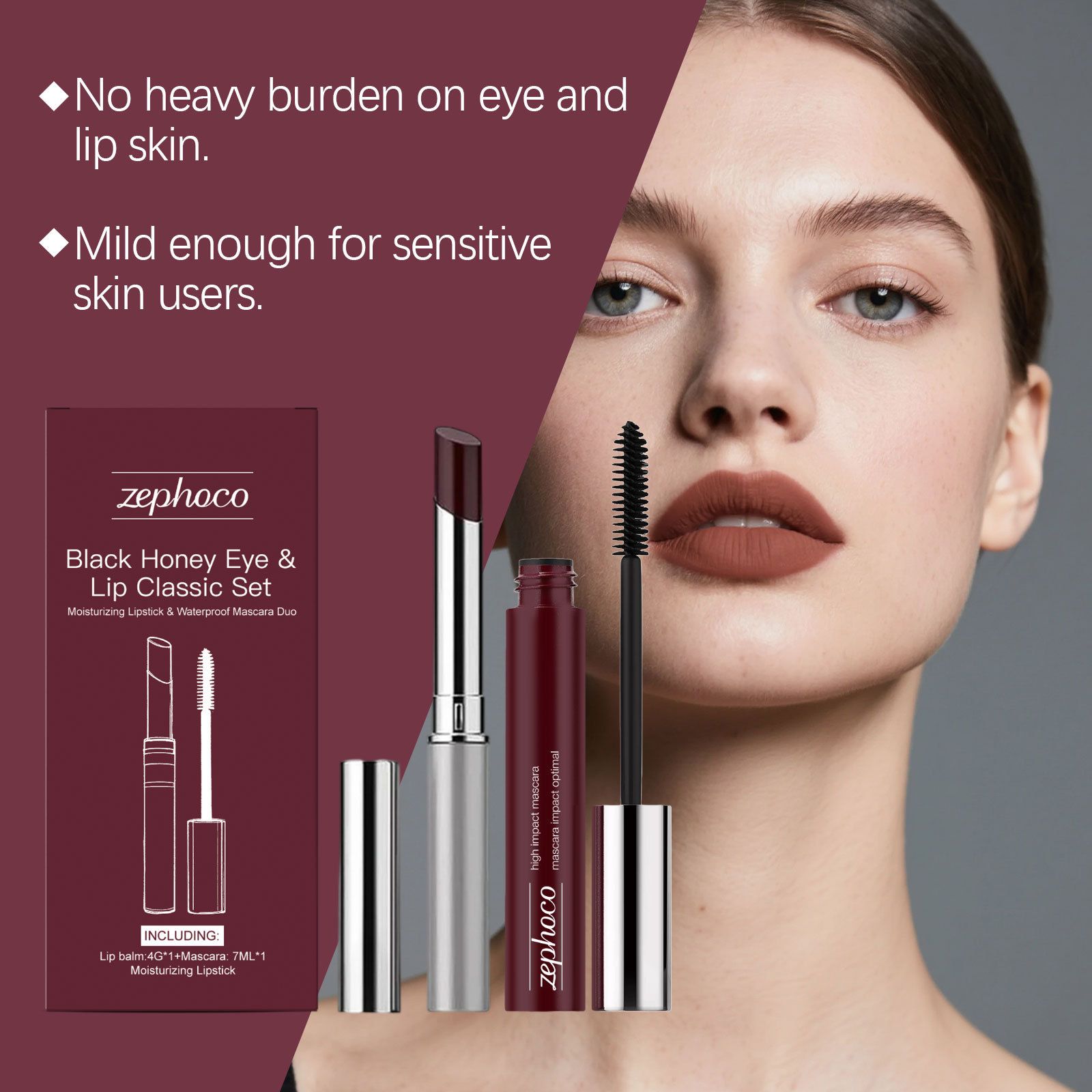 zephoco black honey eye and lip classic set, moisturizing and glossy lipstick, eyelash curling beauty makeup tool