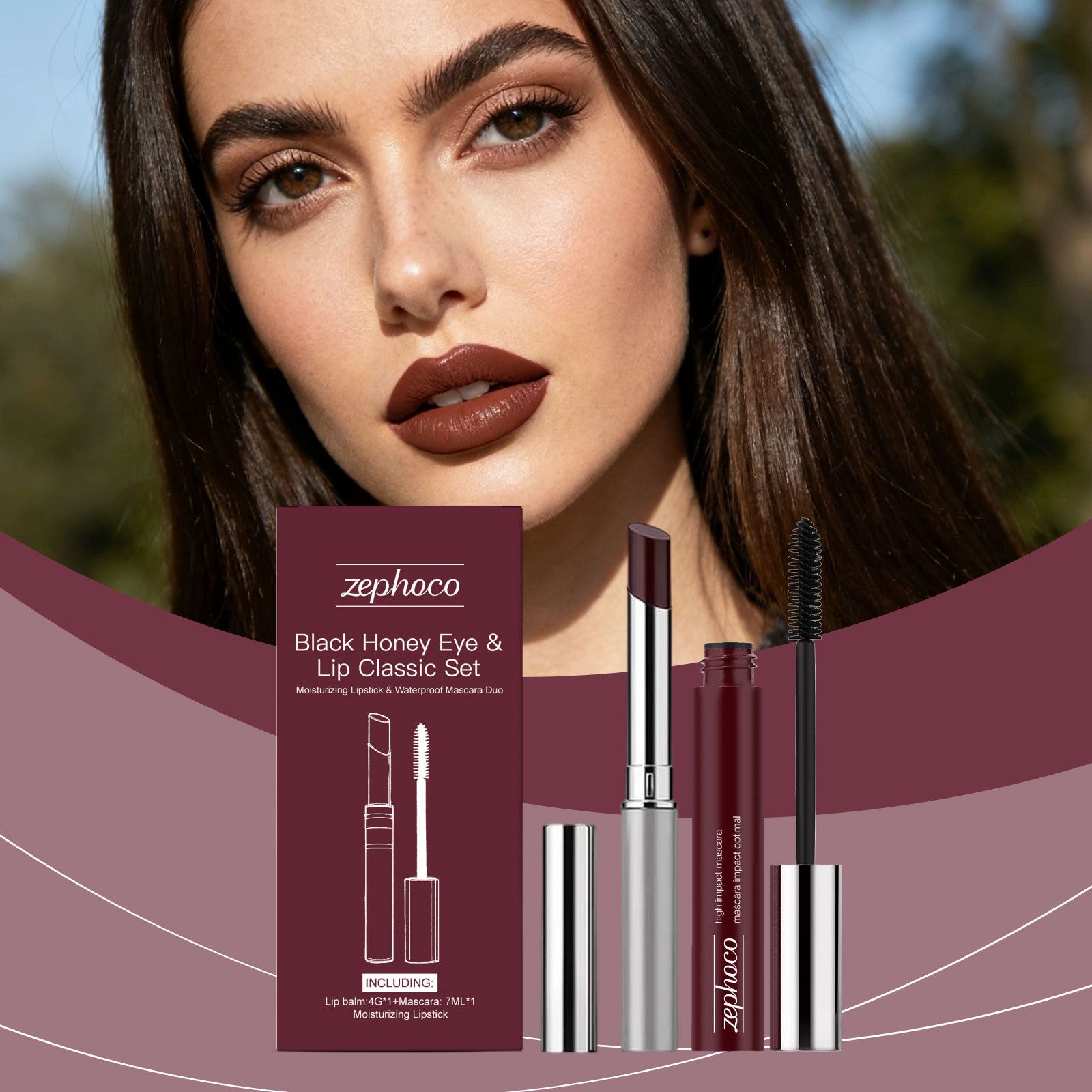 zephoco black honey eye and lip classic set, moisturizing and glossy lipstick, eyelash curling beauty makeup tool