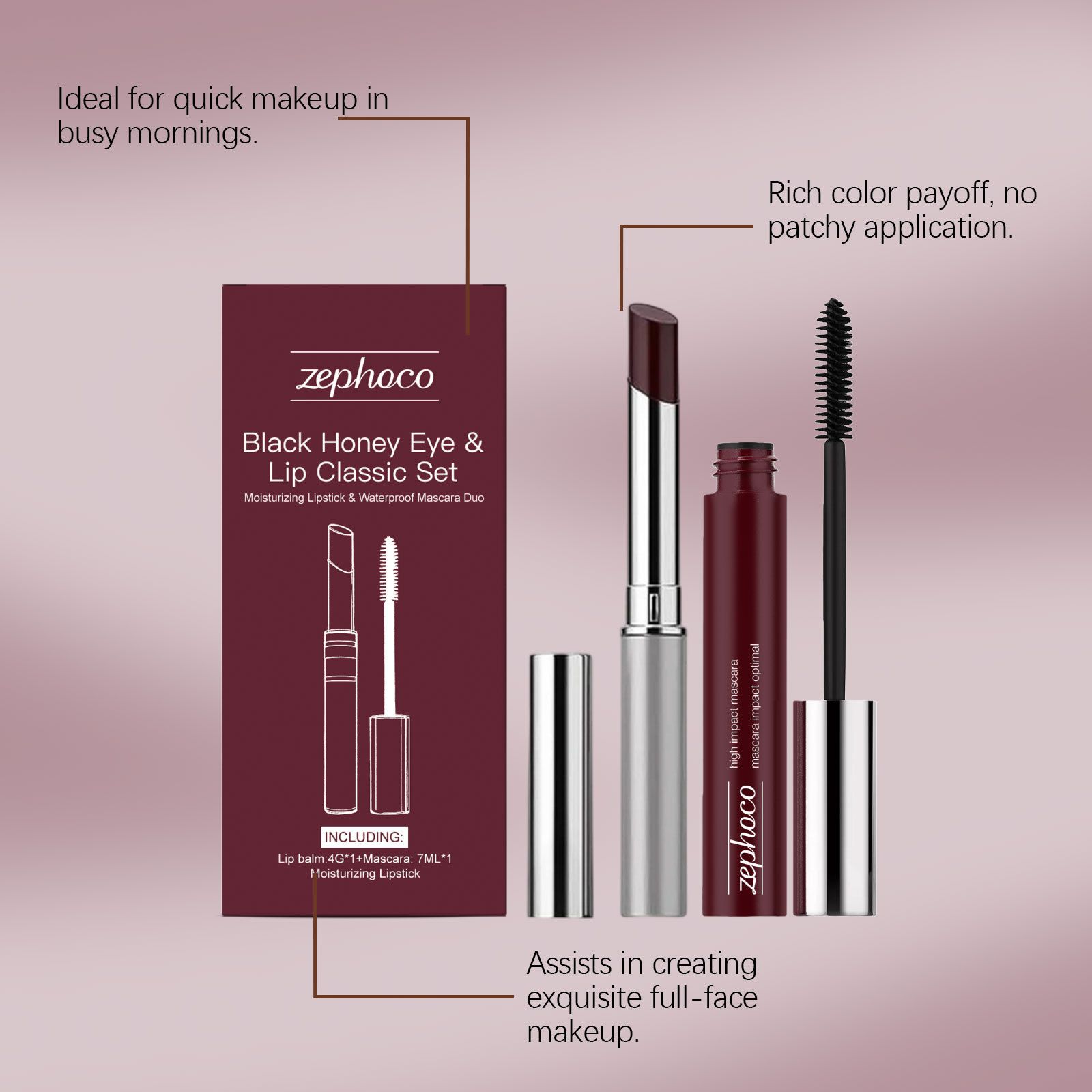 zephoco black honey eye and lip classic set, moisturizing and glossy lipstick, eyelash curling beauty makeup tool