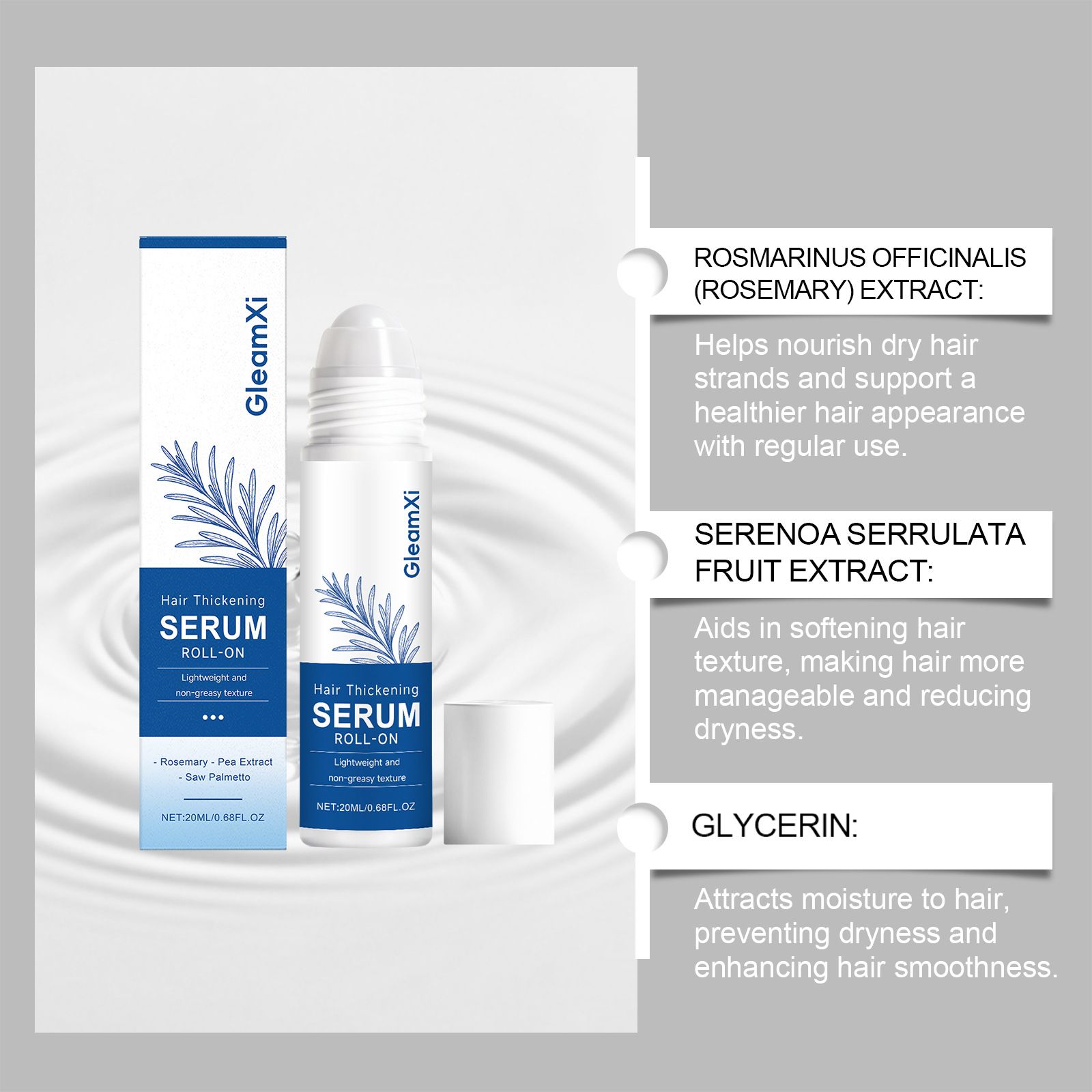 Gleamxi Hair Roll-on Essence Mildly moisturizes, provides daily refreshing and hydrating care, smoothes, volumizes, and protects hair with its essence
