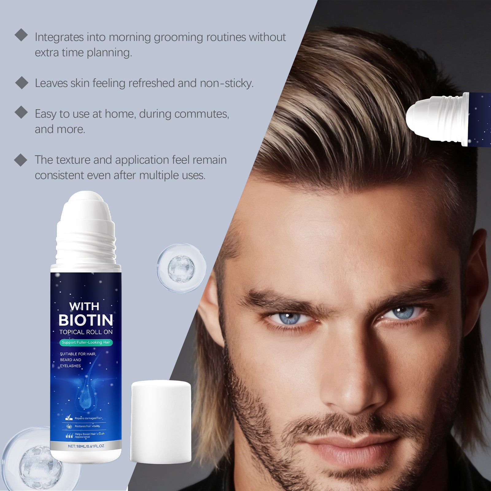 Men's hair care roll-on, moisturizing hair, refreshing, mild, moisturizing, smoothing, portable design, hair care roll-on