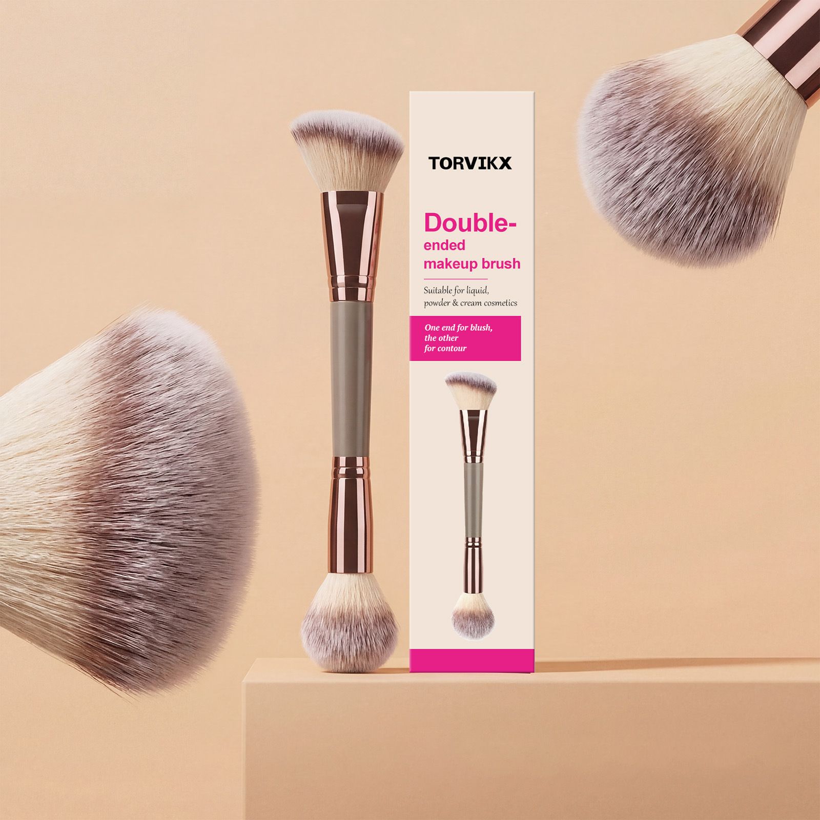 TORVIKX Double-Ended Makeup Brush, Comfortable to Hold, Soft to the Touch, Dual-Use, Even Powder Pickup, Fine Makeup Effect
