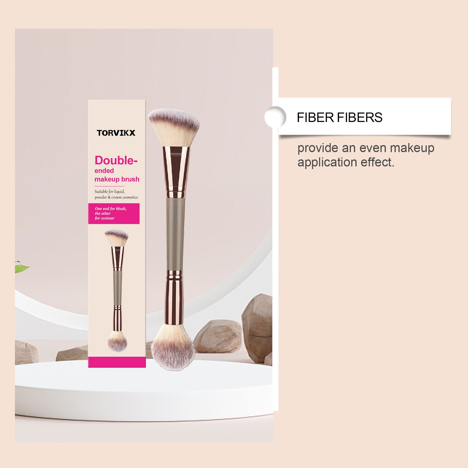 TORVIKX Double-Ended Makeup Brush, Comfortable to Hold, Soft to the Touch, Dual-Use, Even Powder Pickup, Fine Makeup Effect