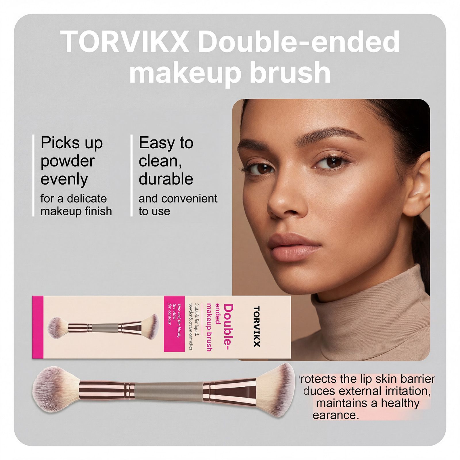 TORVIKX Double-Ended Makeup Brush, Comfortable to Hold, Soft to the Touch, Dual-Use, Even Powder Pickup, Fine Makeup Effect