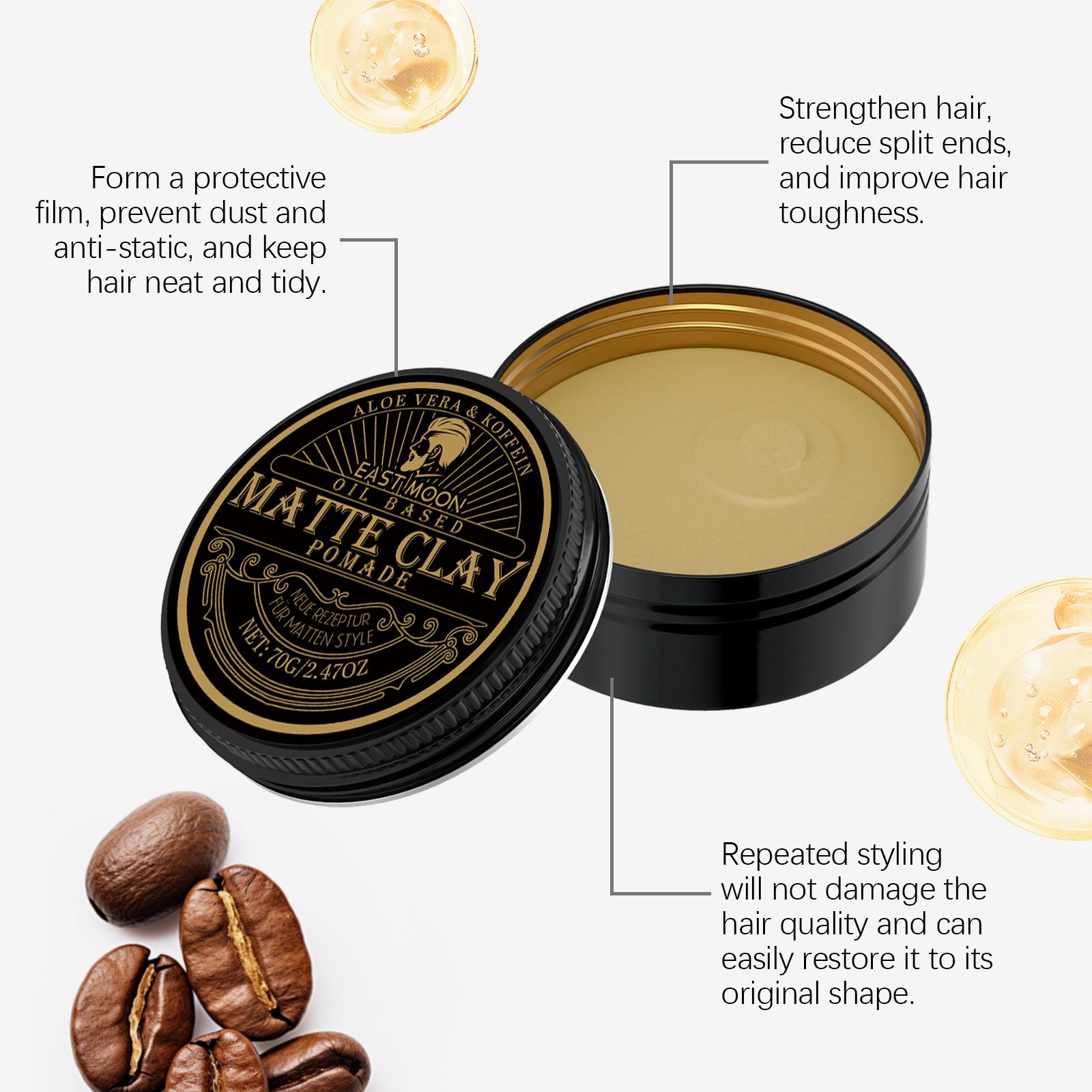 EAST MOON Men's styling hair oil, a hair styling product for men, provides a sleek and easy-to-manage hairstyle that is refreshing and non-greasy