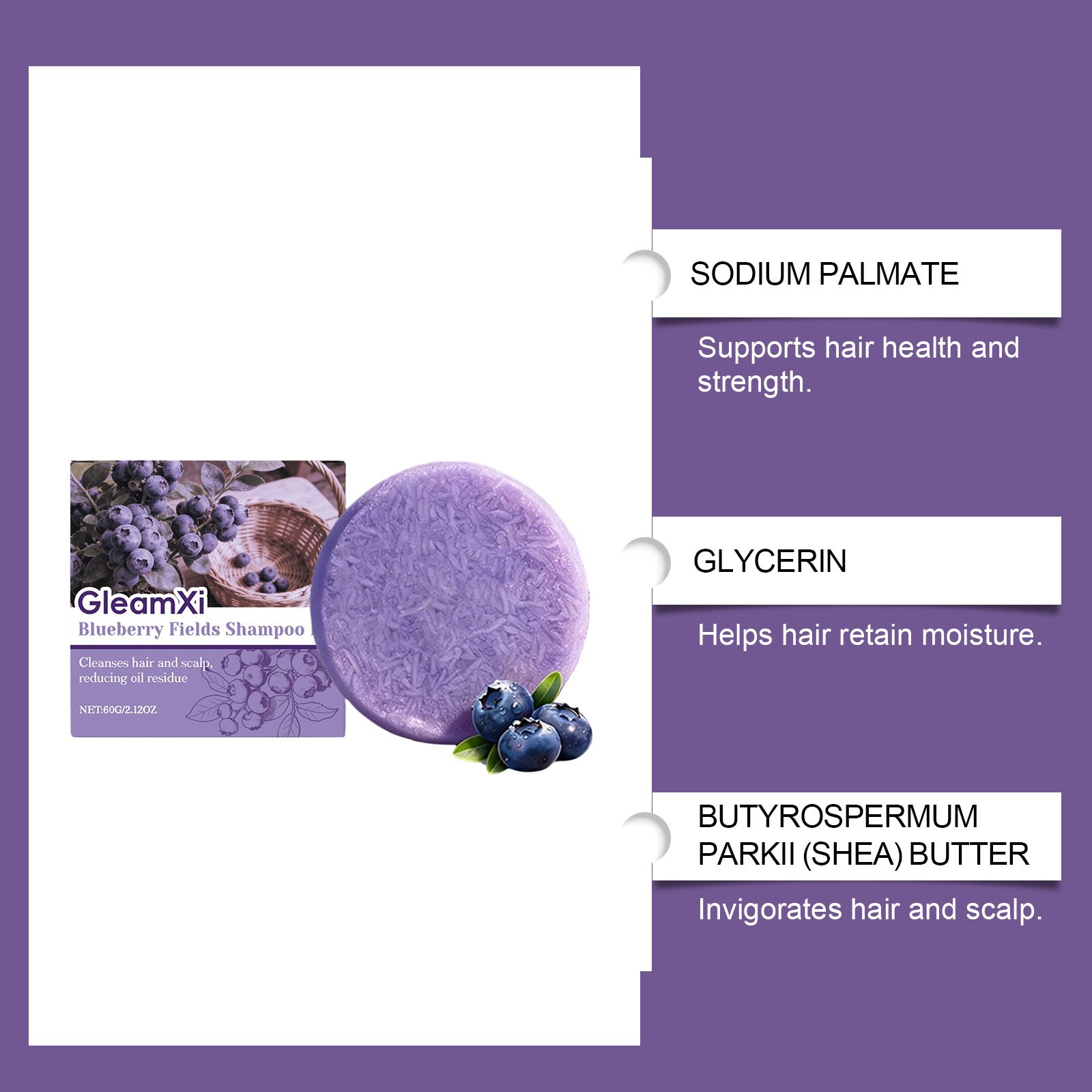 GleamXi Blueberry Countryside Shampoo Bar - Daily Gentle Cleansing, Scalp Care, Shine Hair Shampoo Bar