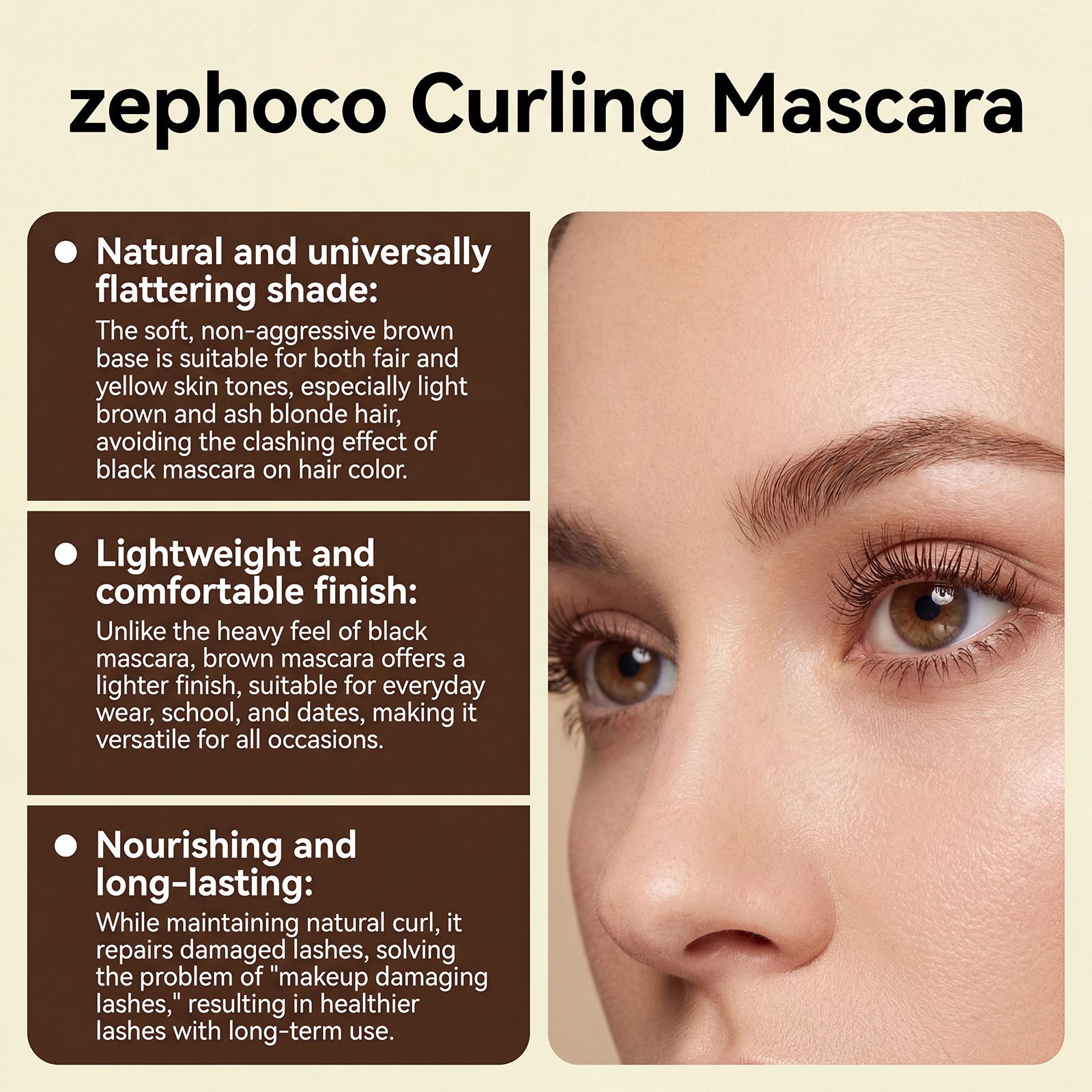 zephoco volumizing and curling mascara naturally enhances eyelashes, is not easy to smudge, and creates a silky, beautiful eye makeup look