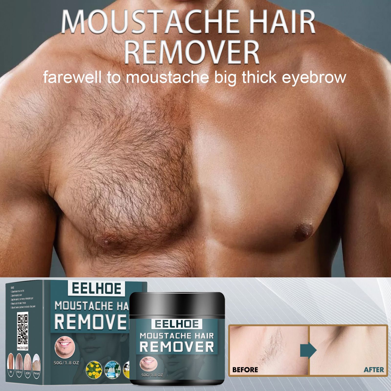 EELHOE Men's Hair Removal Cream, keeps the body clean without harming the skin, gentle and non-irritating for facial beard, underarm, leg, and chest hair