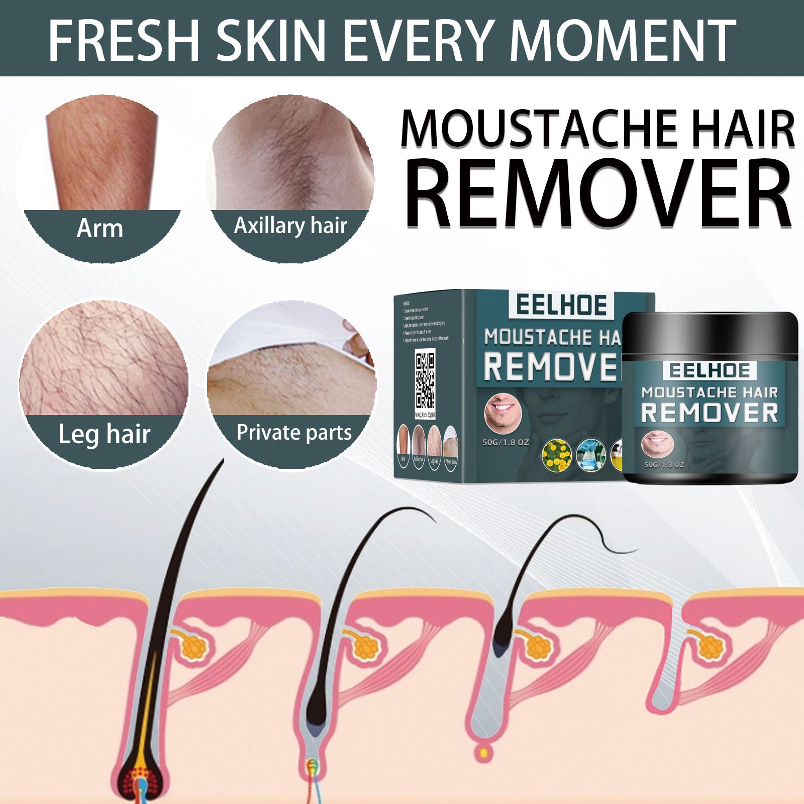 EELHOE Men's Hair Removal Cream, keeps the body clean without harming the skin, gentle and non-irritating for facial beard, underarm, leg, and chest hair