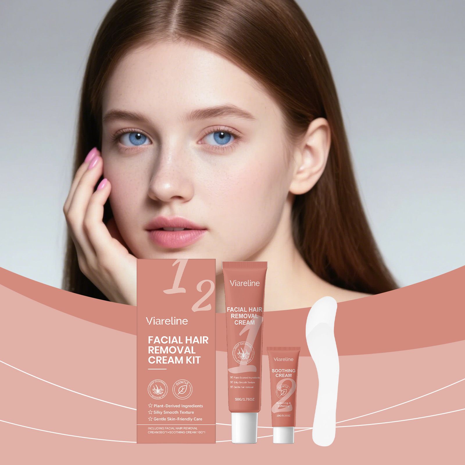 VIARELINE Facial Gentle Hair Removal Cream Set, gently cleanses facial hair, smooth and clean face