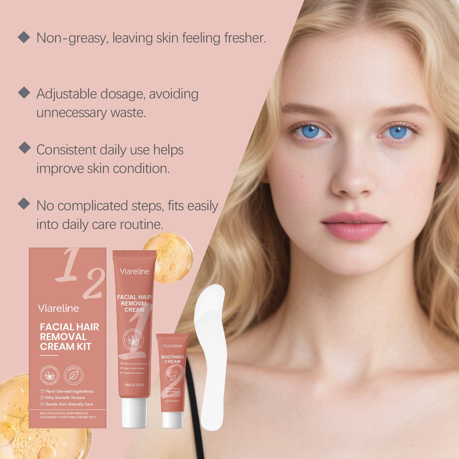 VIARELINE Facial Gentle Hair Removal Cream Set, gently cleanses facial hair, smooth and clean face