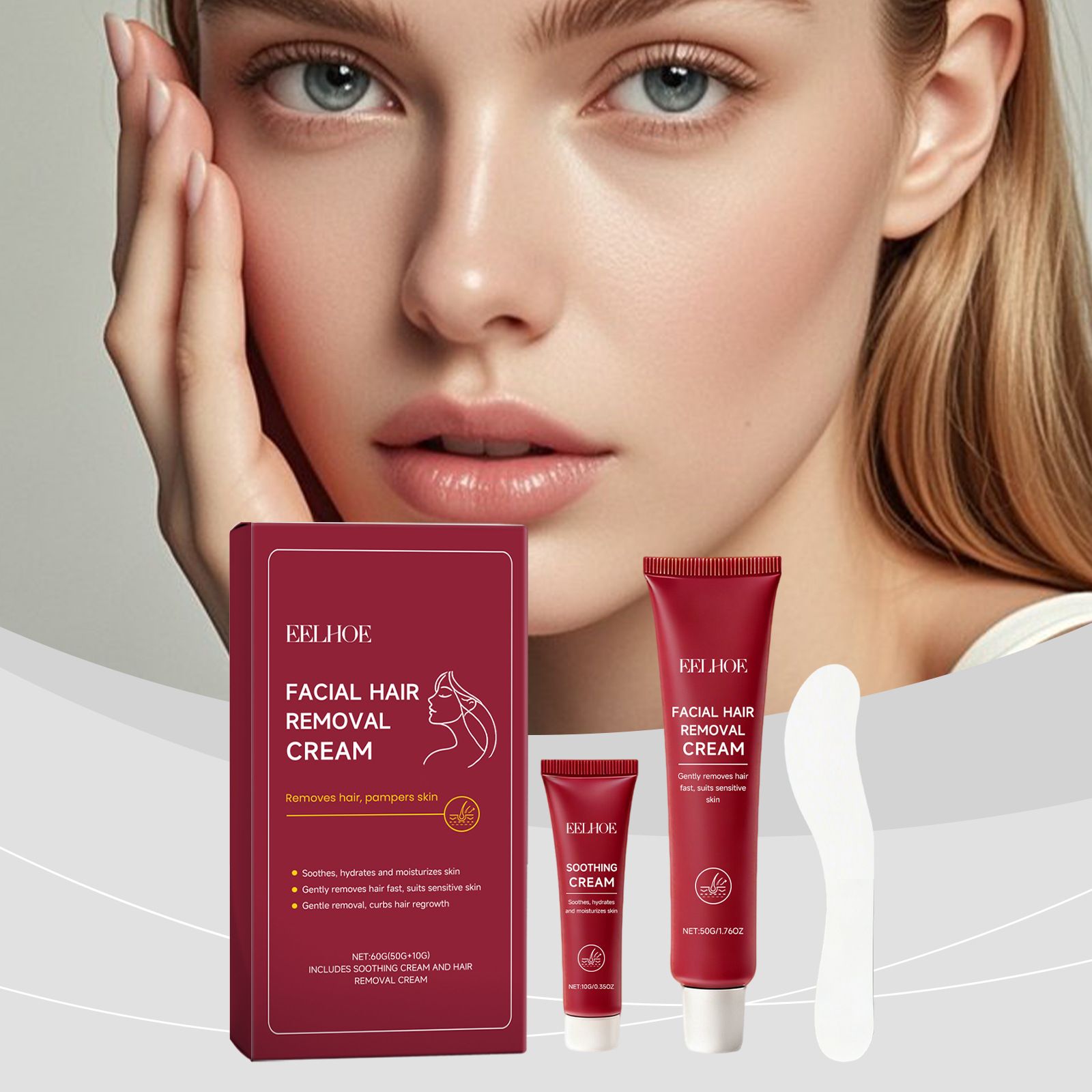 EELHOE Facial Hair Removal Cream Set Gentle Cleansing for Facial Peach Fuzz and Lip Hair, Delicate and Refreshing Skin Hair Removal Cream