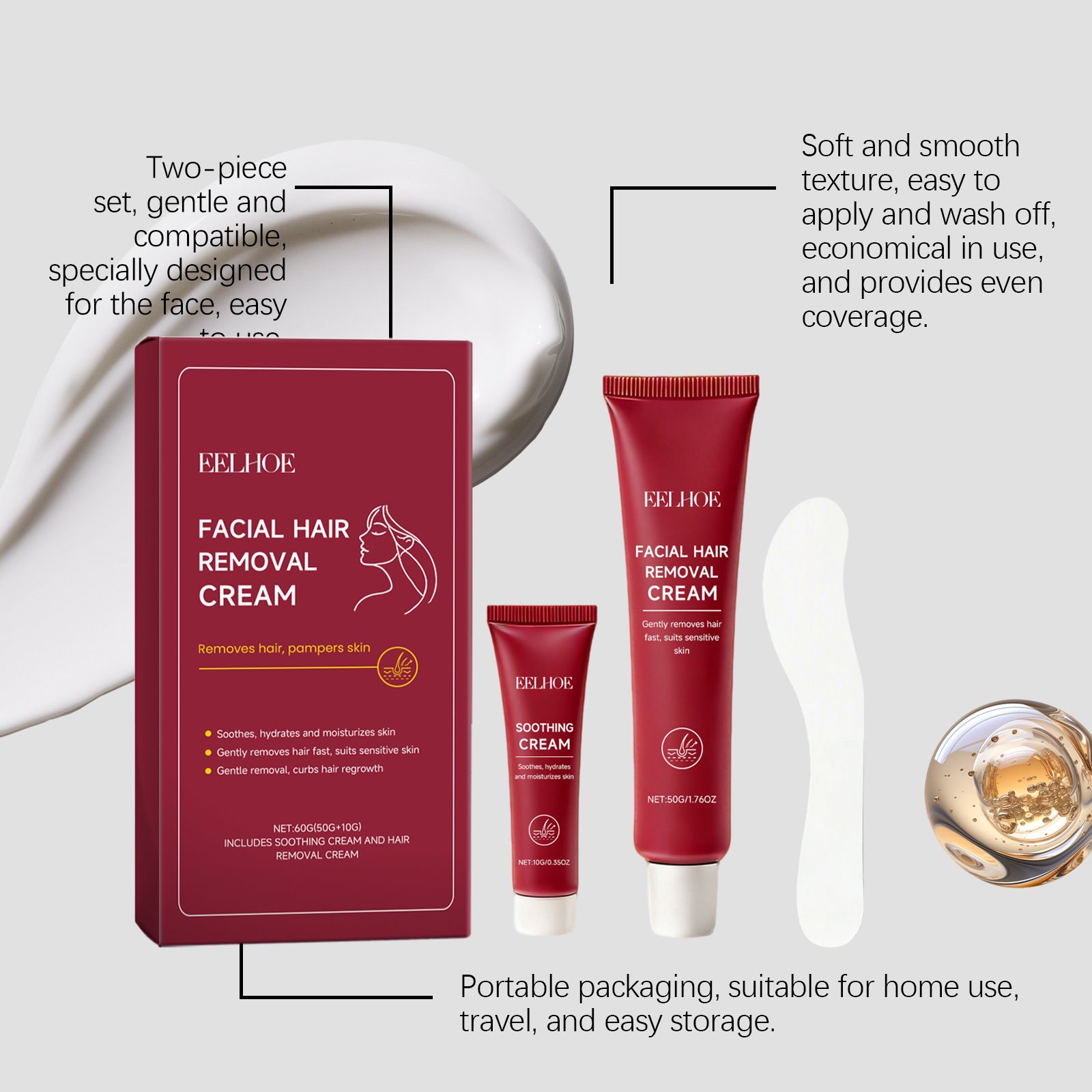 EELHOE Facial Hair Removal Cream Set Gentle Cleansing for Facial Peach Fuzz and Lip Hair, Delicate and Refreshing Skin Hair Removal Cream