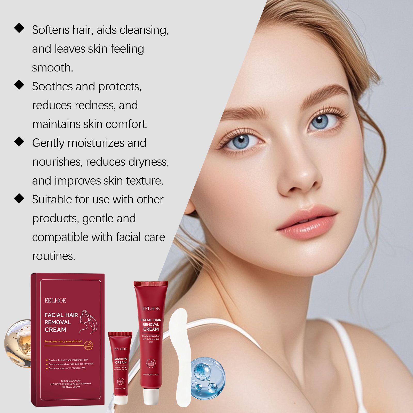 EELHOE Facial Hair Removal Cream Set Gentle Cleansing for Facial Peach Fuzz and Lip Hair, Delicate and Refreshing Skin Hair Removal Cream