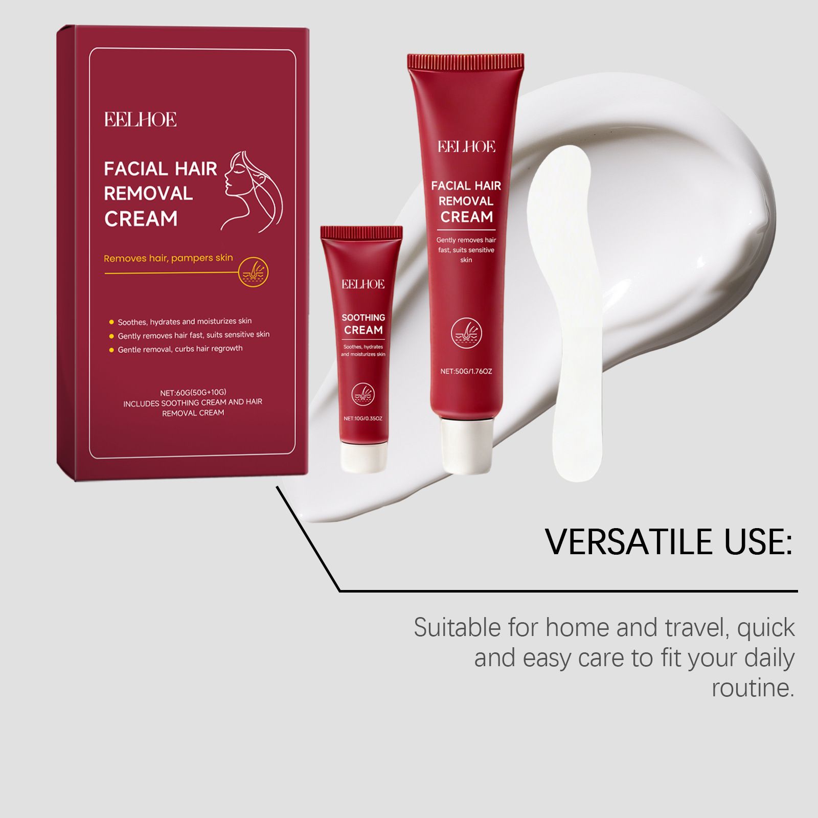EELHOE Facial Hair Removal Cream Set Gentle Cleansing for Facial Peach Fuzz and Lip Hair, Delicate and Refreshing Skin Hair Removal Cream