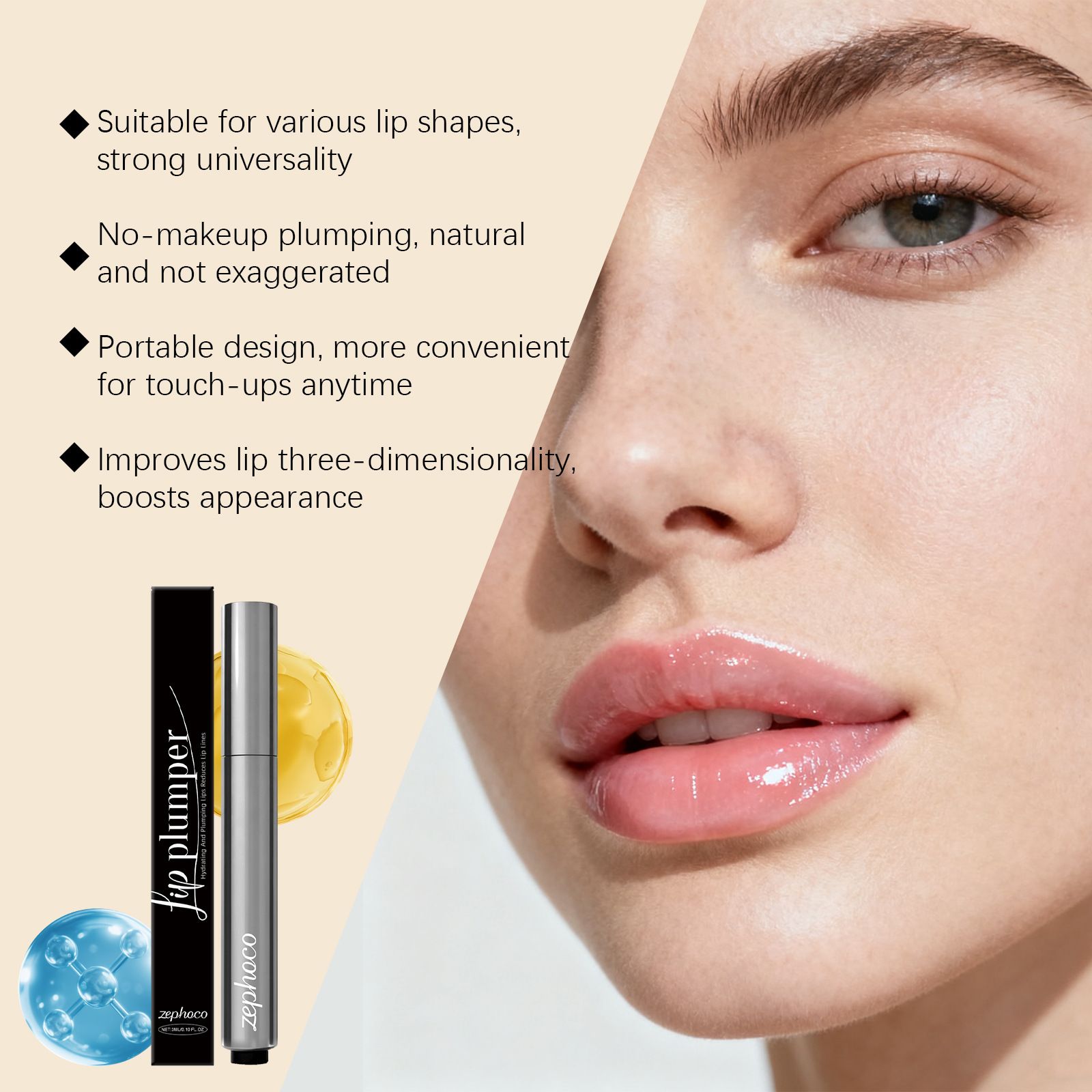 zephoco Moisturizing and Plumping Lip Oil, gently nourishes the skin of the lips, daily moisturizing, delicate application for lip care