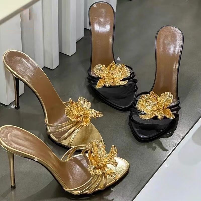 Gold Flower Decor High Heels Slippers Vintage Black Leather 2025 Summer New in Sexy Women's Sandals Luxury Designer Party Shoes