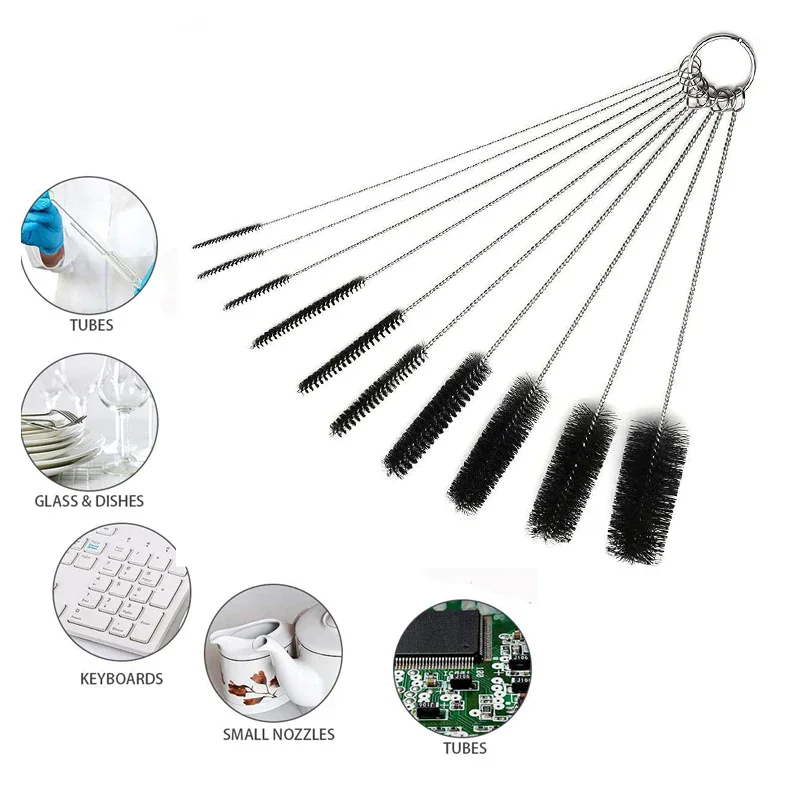 10Pcs Set Stainless Soft Hair Suction Glass Tube Cleaner Brushes Nylon Bottle Fish Tank Pipe Brush Household  cleaning tools E-1298