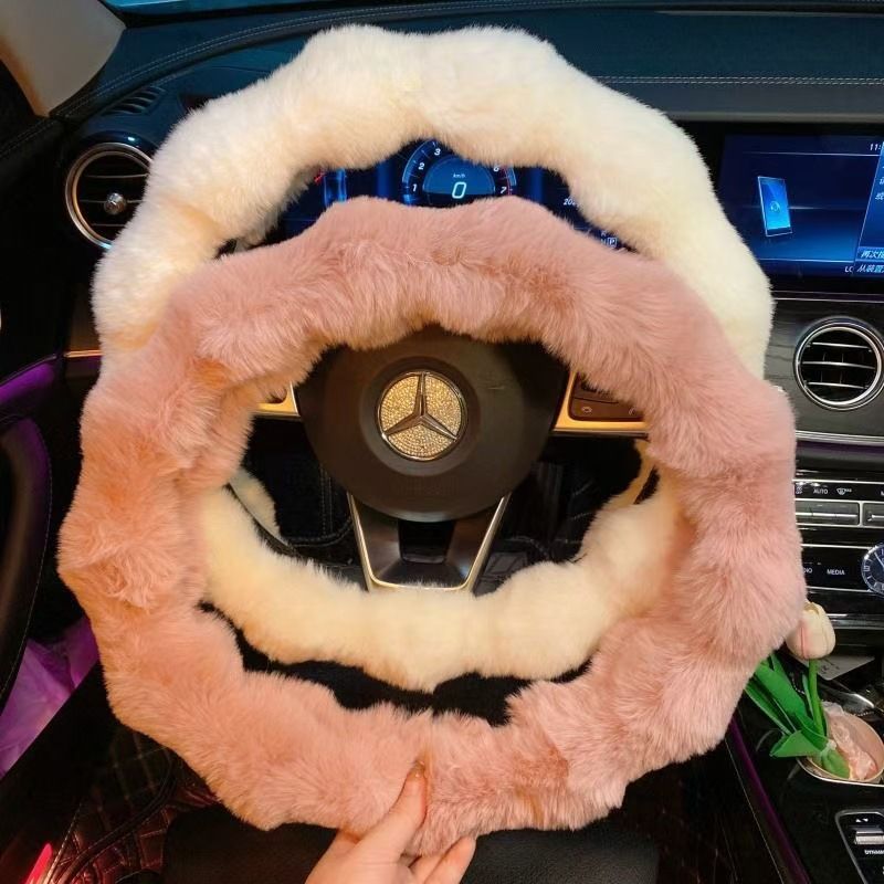 Winter Warm Soft Fluffy Plush Car Steering Wheel Cover Cute Non-Slip Elastic Protector Grip for Comfortable Driving Experience