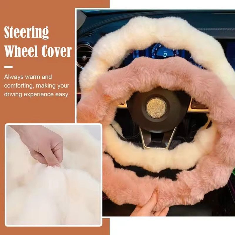 Winter Warm Soft Fluffy Plush Car Steering Wheel Cover Cute Non-Slip Elastic Protector Grip for Comfortable Driving Experience