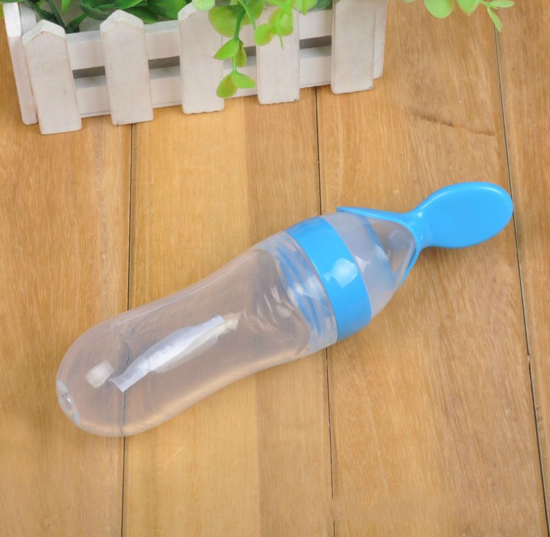 90ml Silicone Baby Feeding Bottle With Spoon Food Supplement Rice Cereal Bottle Baby Squeeze Spoon Silica Gel Spoon M--35